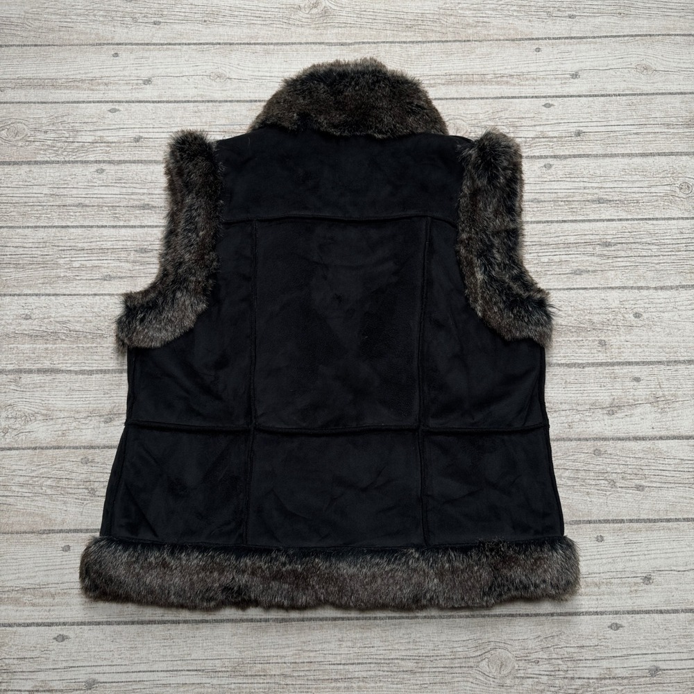 Vintage Faux Suede Vest Women's Medium Black Fur Trim Open Front Boho Plush Chic - Picture 2 of 10